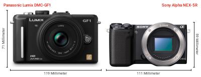 Größenvergleich: Panasonic Lumix DMC-GF1 vs. Sony Alpha NEX-5R Größenvergleich: Panasonic Lumix DMC-GF1 vs. Sony Alpha NEX-5R