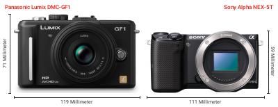 Größenvergleich: Panasonic Lumix DMC-GF1 vs. Sony Alpha NEX-5T Größenvergleich: Panasonic Lumix DMC-GF1 vs. Sony Alpha NEX-5T