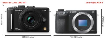 Größenvergleich: Panasonic Lumix DMC-GF1 vs. Sony Alpha NEX-6 Größenvergleich: Panasonic Lumix DMC-GF1 vs. Sony Alpha NEX-6