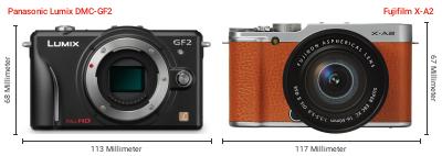 Größenvergleich: Panasonic Lumix DMC-GF2 vs. Fujifilm X-A2 Größenvergleich: Panasonic Lumix DMC-GF2 vs. Fujifilm X-A2