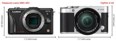 Größenvergleich: Panasonic Lumix DMC-GF2 vs. Fujifilm X-A3 Größenvergleich: Panasonic Lumix DMC-GF2 vs. Fujifilm X-A3