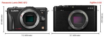 Größenvergleich: Panasonic Lumix DMC-GF2 vs. Fujifilm X-E4 Größenvergleich: Panasonic Lumix DMC-GF2 vs. Fujifilm X-E4