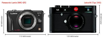 Größenvergleich: Panasonic Lumix DMC-GF2 vs. Leica M (Typ 240) Größenvergleich: Panasonic Lumix DMC-GF2 vs. Leica M (Typ 240)