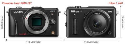 Größenvergleich: Panasonic Lumix DMC-GF2 vs. Nikon 1 AW1 Größenvergleich: Panasonic Lumix DMC-GF2 vs. Nikon 1 AW1