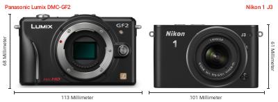 Größenvergleich: Panasonic Lumix DMC-GF2 vs. Nikon 1 J3 Größenvergleich: Panasonic Lumix DMC-GF2 vs. Nikon 1 J3