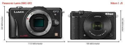Größenvergleich: Panasonic Lumix DMC-GF2 vs. Nikon 1 J5 Größenvergleich: Panasonic Lumix DMC-GF2 vs. Nikon 1 J5