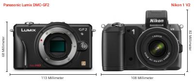 Größenvergleich: Panasonic Lumix DMC-GF2 vs. Nikon 1 V2 Größenvergleich: Panasonic Lumix DMC-GF2 vs. Nikon 1 V2
