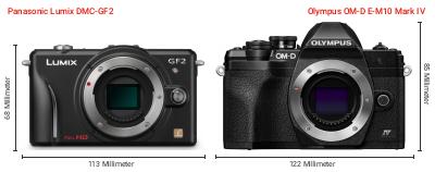 Größenvergleich: Panasonic Lumix DMC-GF2 vs. OM System OM-D E-M10 Mark IV Größenvergleich: Panasonic Lumix DMC-GF2 vs. OM System OM-D E-M10 Mark IV