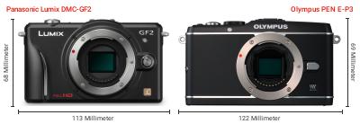 Größenvergleich: Panasonic Lumix DMC-GF2 vs. OM System PEN E-P3 Größenvergleich: Panasonic Lumix DMC-GF2 vs. OM System PEN E-P3
