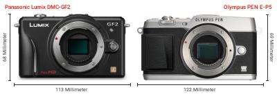 Größenvergleich: Panasonic Lumix DMC-GF2 vs. OM System PEN E-P5 Größenvergleich: Panasonic Lumix DMC-GF2 vs. OM System PEN E-P5