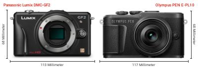 Größenvergleich: Panasonic Lumix DMC-GF2 vs. OM System PEN E-PL10 Größenvergleich: Panasonic Lumix DMC-GF2 vs. OM System PEN E-PL10