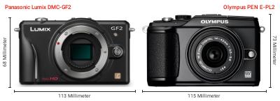 Größenvergleich: Panasonic Lumix DMC-GF2 vs. OM System PEN E-PL2 Größenvergleich: Panasonic Lumix DMC-GF2 vs. OM System PEN E-PL2