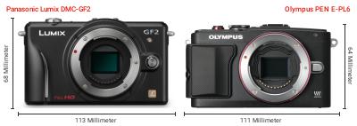 Größenvergleich: Panasonic Lumix DMC-GF2 vs. OM System PEN E-PL6