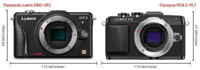 Größenvergleich: Panasonic Lumix DMC-GF2 vs. OM System PEN E-PL7