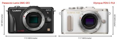 Größenvergleich: Panasonic Lumix DMC-GF2 vs. OM System PEN E-PL8