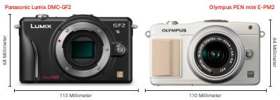 Größenvergleich: Panasonic Lumix DMC-GF2 vs. OM System PEN mini E-PM2 Größenvergleich: Panasonic Lumix DMC-GF2 vs. OM System PEN mini E-PM2
