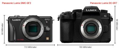 Größenvergleich: Panasonic Lumix DMC-GF2 vs. Panasonic Lumix DC-G97 Größenvergleich: Panasonic Lumix DMC-GF2 vs. Panasonic Lumix DC-G97