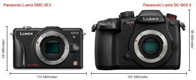 Größenvergleich: Panasonic Lumix DMC-GF2 vs. Panasonic Lumix DC-GH5 II Größenvergleich: Panasonic Lumix DMC-GF2 vs. Panasonic Lumix DC-GH5 II