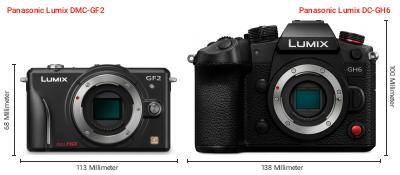 Größenvergleich: Panasonic Lumix DMC-GF2 vs. Panasonic Lumix DC-GH6 Größenvergleich: Panasonic Lumix DMC-GF2 vs. Panasonic Lumix DC-GH6