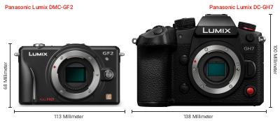 Größenvergleich: Panasonic Lumix DMC-GF2 vs. Panasonic Lumix DC-GH7 Größenvergleich: Panasonic Lumix DMC-GF2 vs. Panasonic Lumix DC-GH7