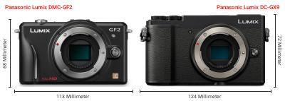 Größenvergleich: Panasonic Lumix DMC-GF2 vs. Panasonic Lumix DC-GX9 Größenvergleich: Panasonic Lumix DMC-GF2 vs. Panasonic Lumix DC-GX9