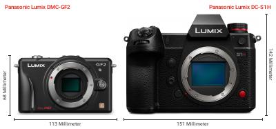 Größenvergleich: Panasonic Lumix DMC-GF2 vs. Panasonic Lumix DC-S1H Größenvergleich: Panasonic Lumix DMC-GF2 vs. Panasonic Lumix DC-S1H