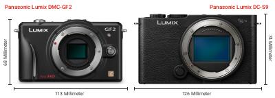 Größenvergleich: Panasonic Lumix DMC-GF2 vs. Panasonic Lumix DC-S9 Größenvergleich: Panasonic Lumix DMC-GF2 vs. Panasonic Lumix DC-S9