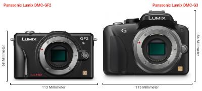 Größenvergleich: Panasonic Lumix DMC-GF2 vs. Panasonic Lumix DMC-G3 Größenvergleich: Panasonic Lumix DMC-GF2 vs. Panasonic Lumix DMC-G3