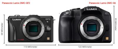 Größenvergleich: Panasonic Lumix DMC-GF2 vs. Panasonic Lumix DMC-G6 Größenvergleich: Panasonic Lumix DMC-GF2 vs. Panasonic Lumix DMC-G6