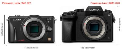 Größenvergleich: Panasonic Lumix DMC-GF2 vs. Panasonic Lumix DMC-G70 Größenvergleich: Panasonic Lumix DMC-GF2 vs. Panasonic Lumix DMC-G70