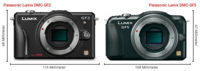 Größenvergleich: Panasonic Lumix DMC-GF2 vs. Panasonic Lumix DMC-GF5 Größenvergleich: Panasonic Lumix DMC-GF2 vs. Panasonic Lumix DMC-GF5