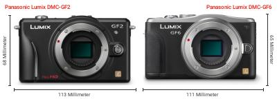 Größenvergleich: Panasonic Lumix DMC-GF2 vs. Panasonic Lumix DMC-GF6 Größenvergleich: Panasonic Lumix DMC-GF2 vs. Panasonic Lumix DMC-GF6