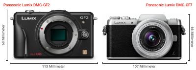 Größenvergleich: Panasonic Lumix DMC-GF2 vs. Panasonic Lumix DMC-GF7 Größenvergleich: Panasonic Lumix DMC-GF2 vs. Panasonic Lumix DMC-GF7