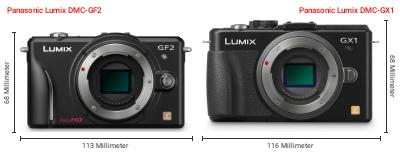 Größenvergleich: Panasonic Lumix DMC-GF2 vs. Panasonic Lumix DMC-GX1 Größenvergleich: Panasonic Lumix DMC-GF2 vs. Panasonic Lumix DMC-GX1