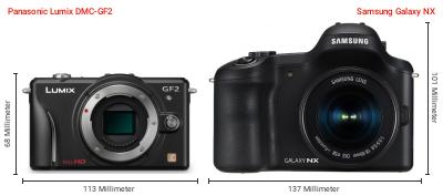 Größenvergleich: Panasonic Lumix DMC-GF2 vs. Samsung Galaxy NX Größenvergleich: Panasonic Lumix DMC-GF2 vs. Samsung Galaxy NX