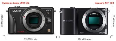 Größenvergleich: Panasonic Lumix DMC-GF2 vs. Samsung NX1100 Größenvergleich: Panasonic Lumix DMC-GF2 vs. Samsung NX1100