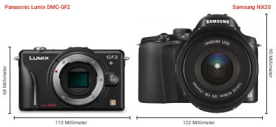 Größenvergleich: Panasonic Lumix DMC-GF2 vs. Samsung NX20 Größenvergleich: Panasonic Lumix DMC-GF2 vs. Samsung NX20