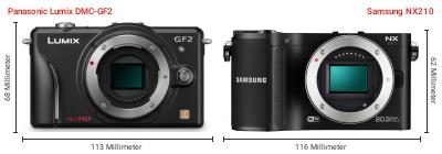 Größenvergleich: Panasonic Lumix DMC-GF2 vs. Samsung NX210 Größenvergleich: Panasonic Lumix DMC-GF2 vs. Samsung NX210