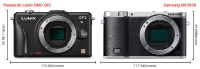 Größenvergleich: Panasonic Lumix DMC-GF2 vs. Samsung NX3000 Größenvergleich: Panasonic Lumix DMC-GF2 vs. Samsung NX3000