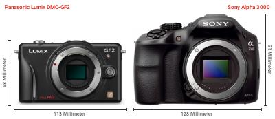 Größenvergleich: Panasonic Lumix DMC-GF2 vs. Sony Alpha 3000 Größenvergleich: Panasonic Lumix DMC-GF2 vs. Sony Alpha 3000