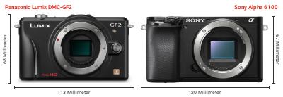 Größenvergleich: Panasonic Lumix DMC-GF2 vs. Sony Alpha 6100 Größenvergleich: Panasonic Lumix DMC-GF2 vs. Sony Alpha 6100