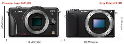 Größenvergleich: Panasonic Lumix DMC-GF2 vs. Sony Alpha NEX-3N