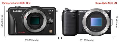 Größenvergleich: Panasonic Lumix DMC-GF2 vs. Sony Alpha NEX-5N Größenvergleich: Panasonic Lumix DMC-GF2 vs. Sony Alpha NEX-5N