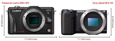 Größenvergleich: Panasonic Lumix DMC-GF2 vs. Sony Alpha NEX-5R Größenvergleich: Panasonic Lumix DMC-GF2 vs. Sony Alpha NEX-5R