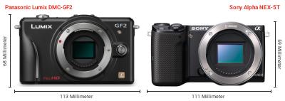 Größenvergleich: Panasonic Lumix DMC-GF2 vs. Sony Alpha NEX-5T Größenvergleich: Panasonic Lumix DMC-GF2 vs. Sony Alpha NEX-5T