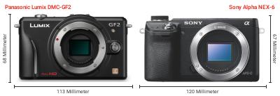 Größenvergleich: Panasonic Lumix DMC-GF2 vs. Sony Alpha NEX-6 Größenvergleich: Panasonic Lumix DMC-GF2 vs. Sony Alpha NEX-6