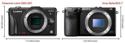 Größenvergleich: Panasonic Lumix DMC-GF2 vs. Sony Alpha NEX-7 Größenvergleich: Panasonic Lumix DMC-GF2 vs. Sony Alpha NEX-7
