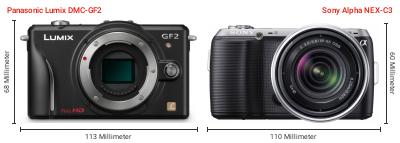 Größenvergleich: Panasonic Lumix DMC-GF2 vs. Sony Alpha NEX-C3 Größenvergleich: Panasonic Lumix DMC-GF2 vs. Sony Alpha NEX-C3