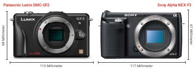 Größenvergleich: Panasonic Lumix DMC-GF2 vs. Sony Alpha NEX-F3 Größenvergleich: Panasonic Lumix DMC-GF2 vs. Sony Alpha NEX-F3