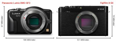 Größenvergleich: Panasonic Lumix DMC-GF3 vs. Fujifilm X-E4 Größenvergleich: Panasonic Lumix DMC-GF3 vs. Fujifilm X-E4